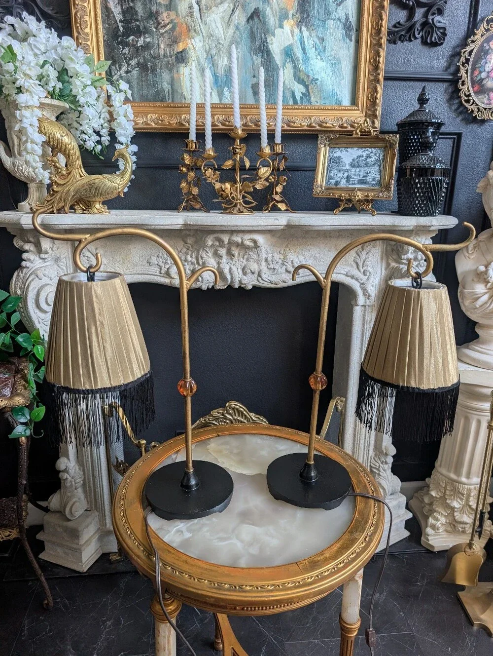 Vintage, set of 2,  Cast Metal Black/Gold bridge-style table lamp w/ Fringe